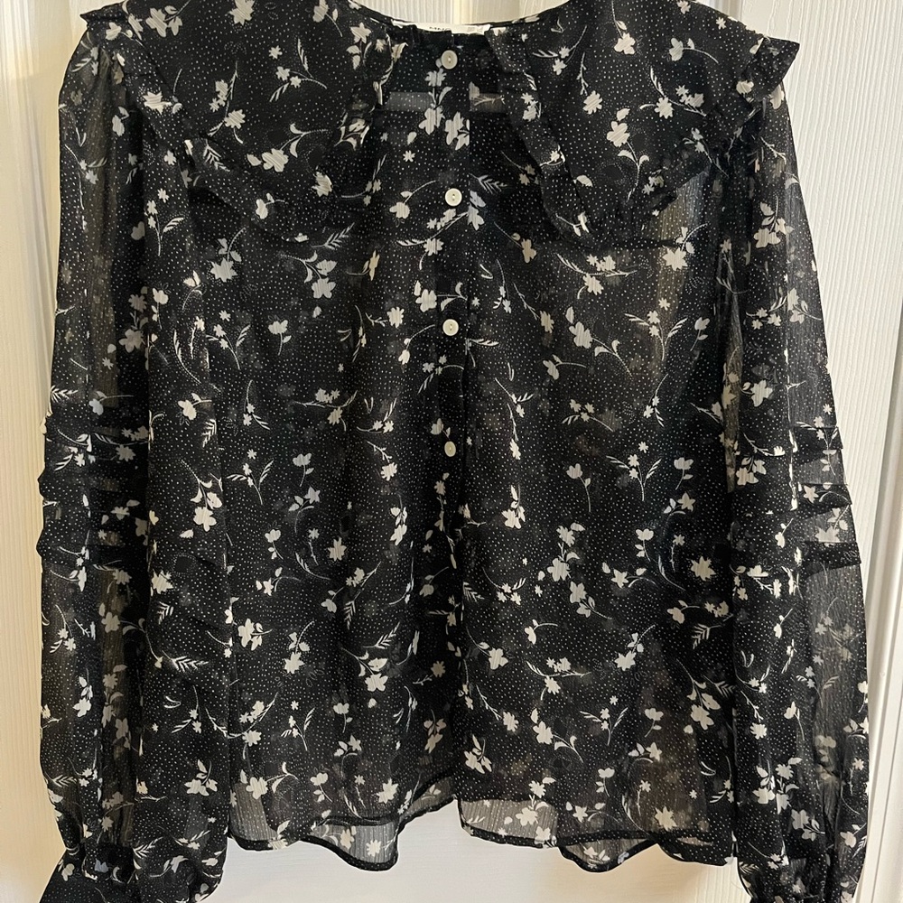 Mango babydoll collar Black Floral Sheer Blouse